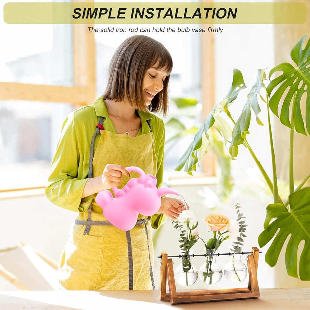 Plant Terrarium with Wooden Stand, Air Planter Bulb Glass Vase Metal Swivel Holder Retro Tabletop for Hydroponics Home Garden Office Decoration - 3 Bulb Vase
