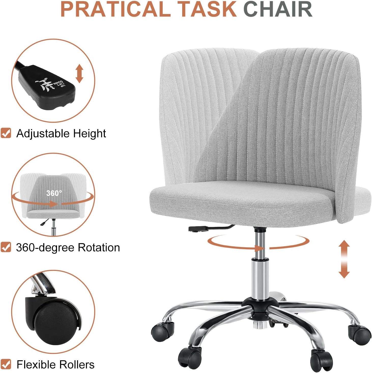 Office Chair, Comfy Desk Chair Rolling Vanity Swivel Task Chairs with Wheels, Wide Seating Armless Height Adjustable Computer Chairs for Home,Bedroom,Student,Adults, Classic Grey