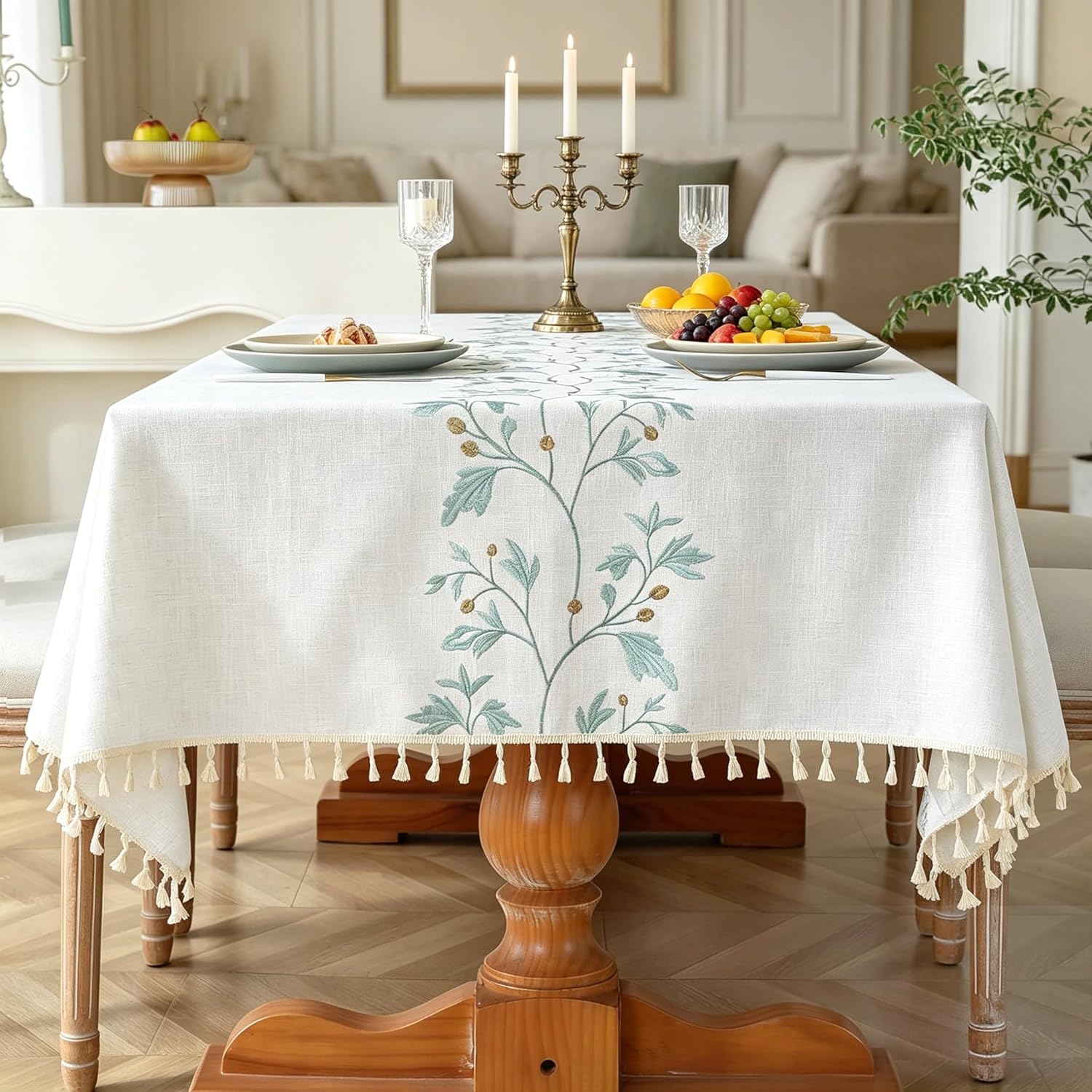 Cotton Linen Waterproof Table Cloth for Dining Table Farmhouse Kitchen Rectangle Tablecloth Coffee Wrinkle Free Tables Cover, Beige, Coffee Flower, 55x70 Inch