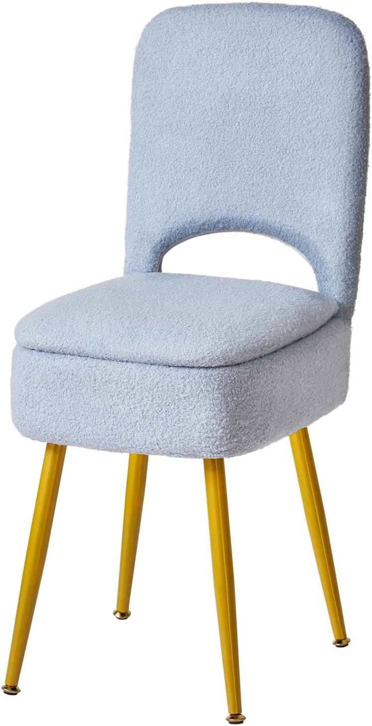 Small Storage Vanity Stool with Folding Backrest, 12.99" x 13.78" x 31.5" Square Teddy Velvet Ottoman, Makeup Chair for Living Room, 4 Metal Legs with Anti-Slip Feet, White WBD027W