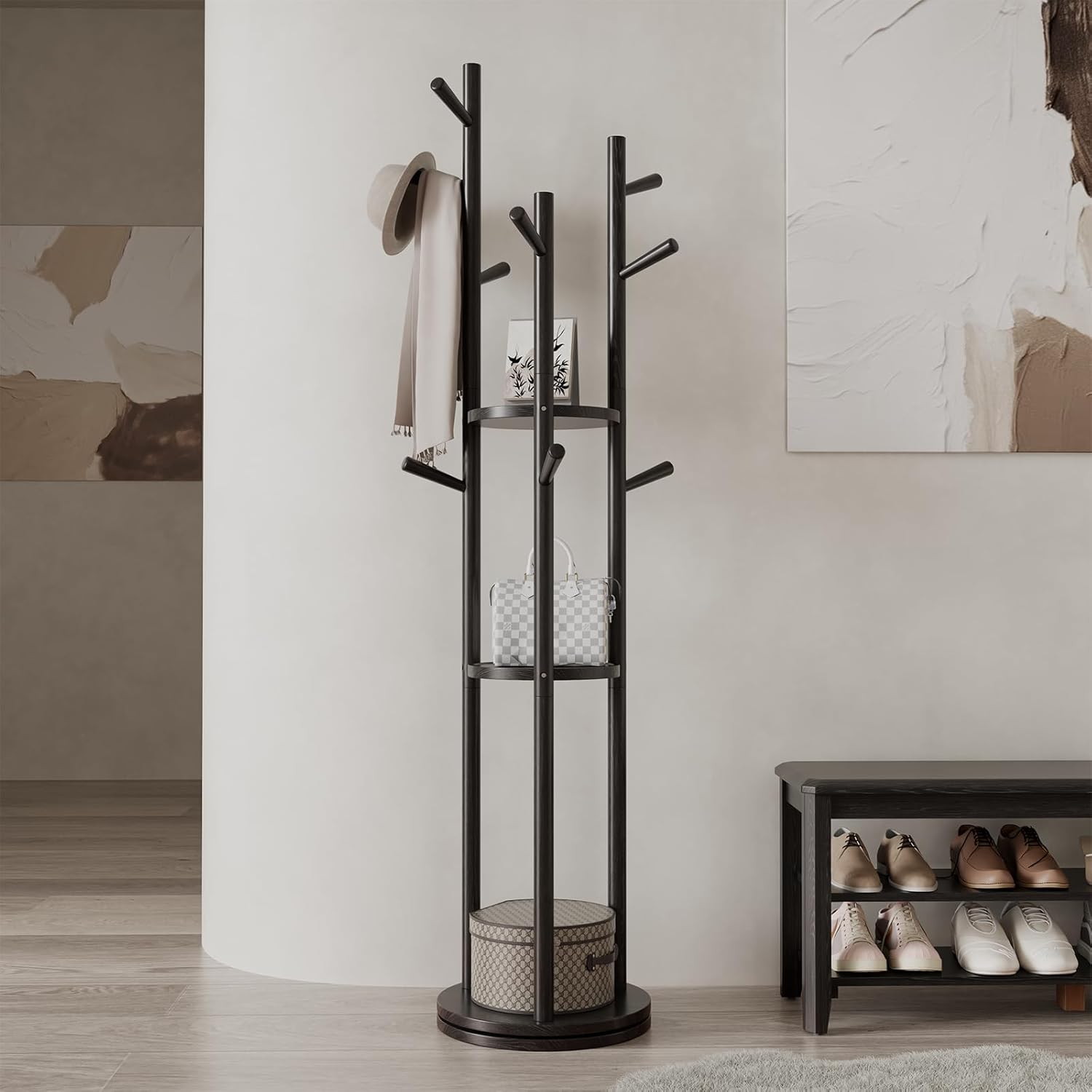 Solid Wood Rotary Coat Rack, Freestanding Coat Rack with 3 Shelves and 9 Hooks, Coat tree for Bedroom, Entryway, Livingroom, Coat Hanger Stand for Coats, Scarves, Handbags (Walnut)